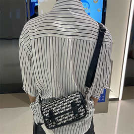 threebox潮牌日韩男女斜挎小包 印花千鸟格帆布单肩跨包 格子背包