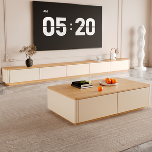 Log Floor-Standing Tv Cabinet Cream Style Coffee Table Combination Modern Simple Tv Cabinet Living Room Floor 2025 New Style