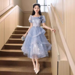 蓝色晚礼服2025新款宴会高级感学生艺考连衣裙主持人蓬蓬裙小个子