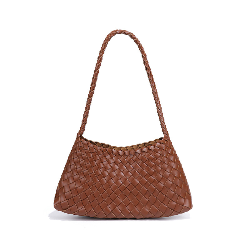 Túi tote da bò dệt sang trọng kiểu giỏ đựng rau, quai đeo nách, kích thước 32×7×17 cm — B1978. # màu nâu