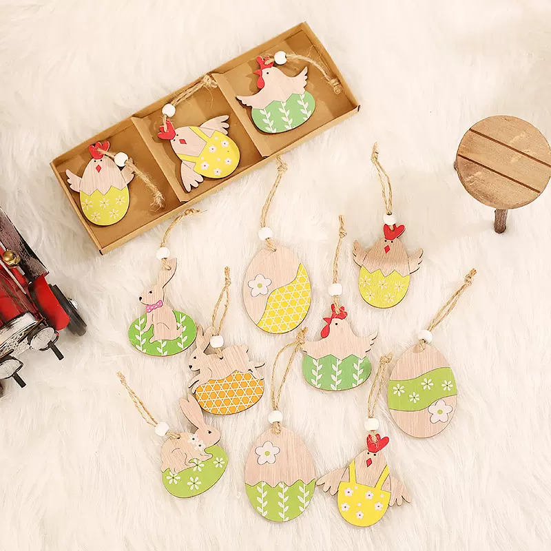 跨境新款复活节装饰品创意彩绘木质动物挂件兔子派对气氛布置道具