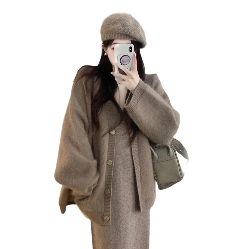 임산부 가을 겨울 부드러운 밀크 레이지 스타일 니트 카디건 재킷 투피스 기질 슬림 서스펜더 드레스