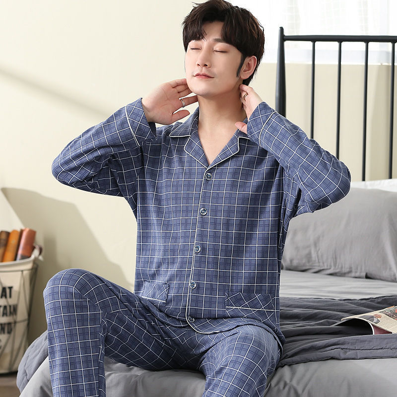 Pijamas de los hombres 100% algodón de primavera y otoño de manga larga 2022 nuevo papá de mediana edad y ancianos más tamaño traje de desgaste para el hogar