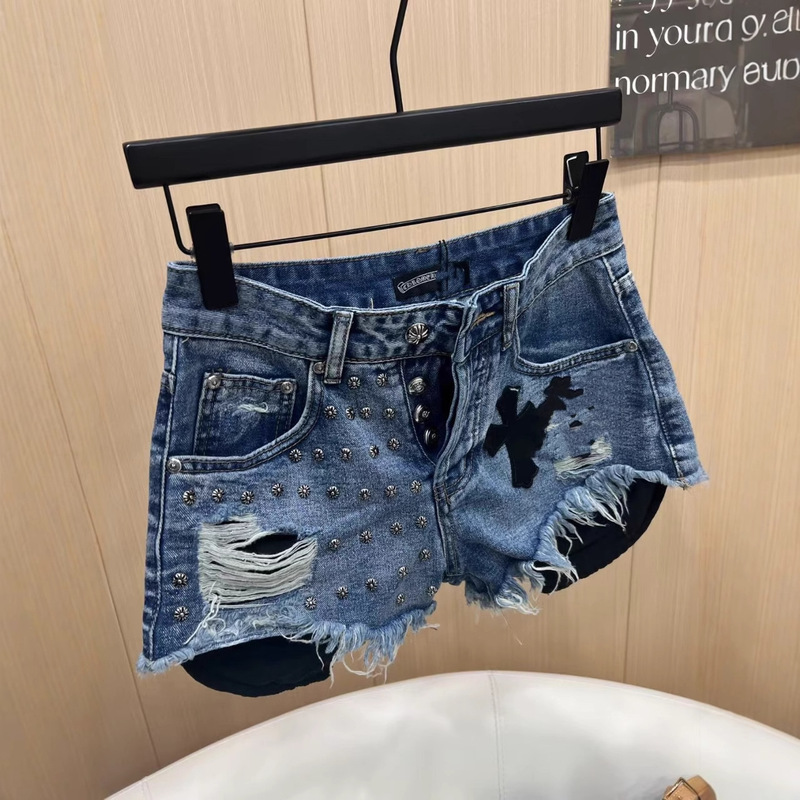 Ready Stock Correct High-Definition Leather Logo Cross Sexy Style High-Waisted A-Line Personalized Denim Raw Edge Hot Pants for Trendy Women