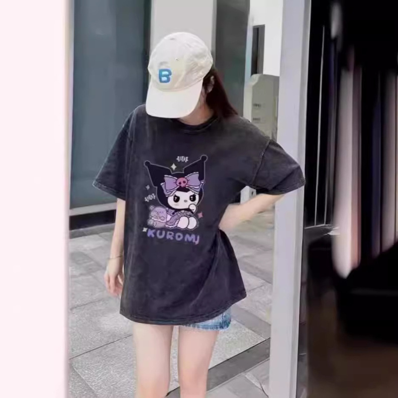 S46102 Source (220g Combed Tight Silicone) Washed Black Distressed Douyin Popular Pure Cotton Short-Sleeved T-Shirt