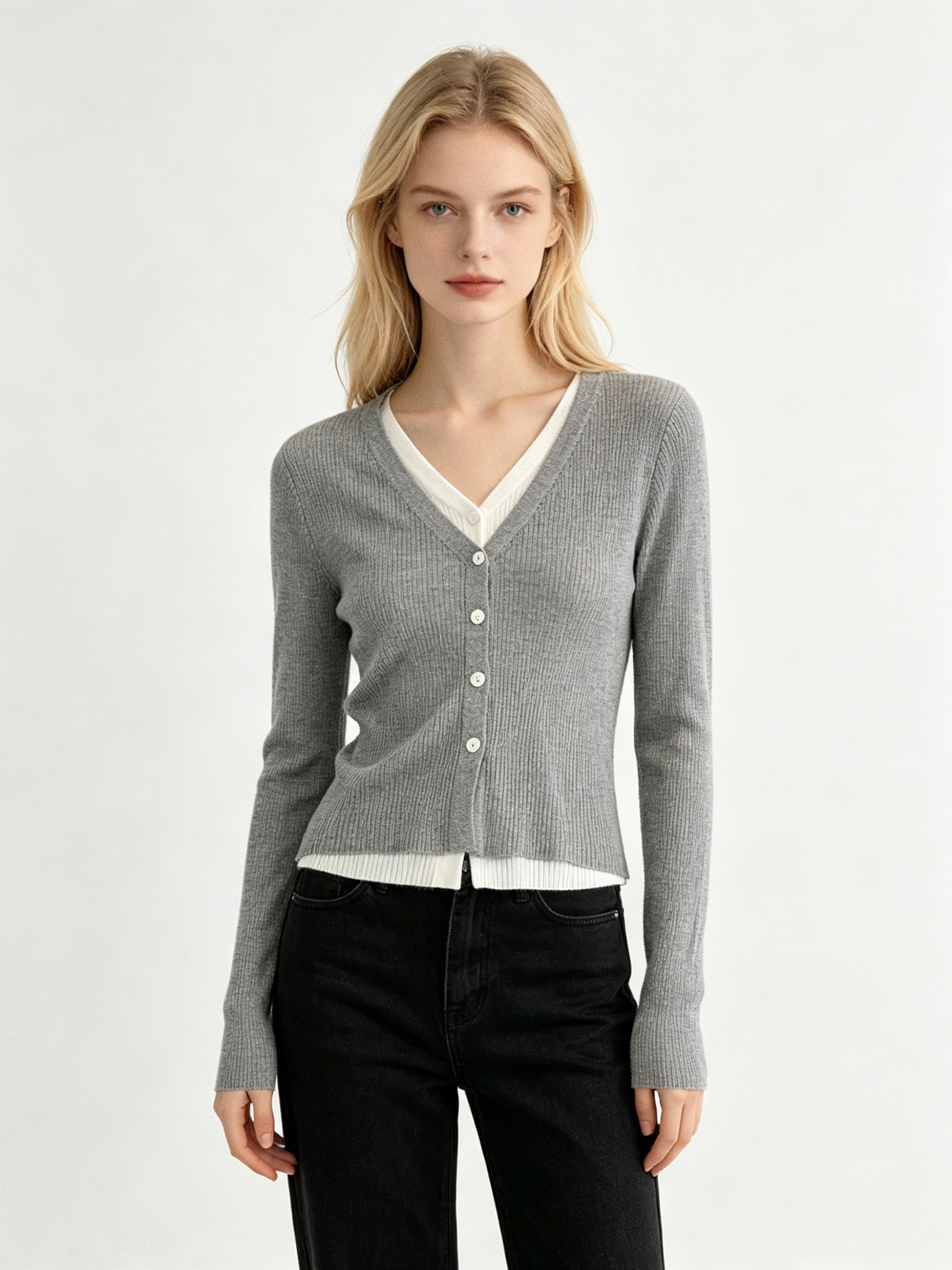 Russian Foreign Trade Clothing Fake Two-Piece Knitted Cardigan for Women, New Autumn and Winter Long-Sleeve V-Neck Stylish Base Top