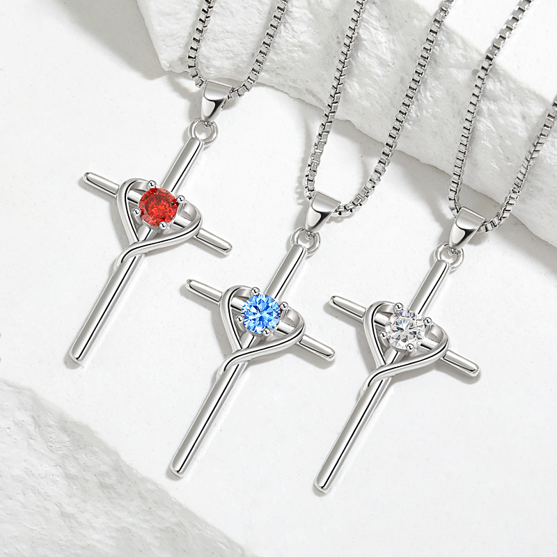 Heart shaped Twelve Constellations Stone Lock Bone Chain Cold Wind Faith Cross Necklace_voghion.com