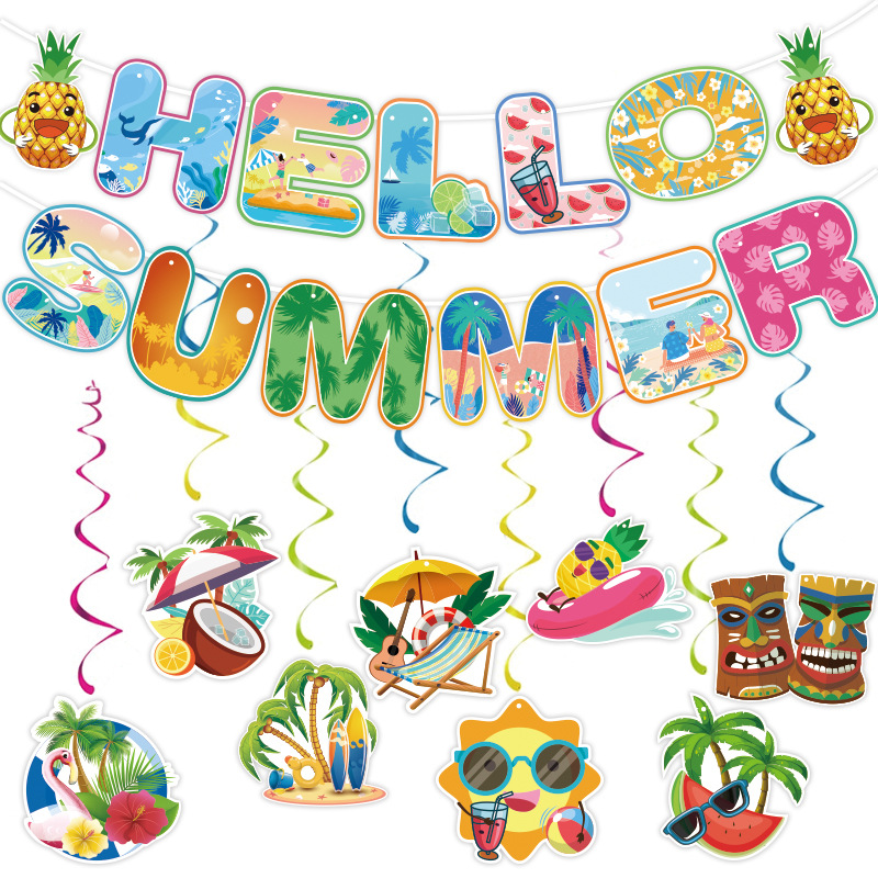 跨境夏日冲浪派对装饰夏威夷海边气氛装饰横幅拉旗拉花场地布置