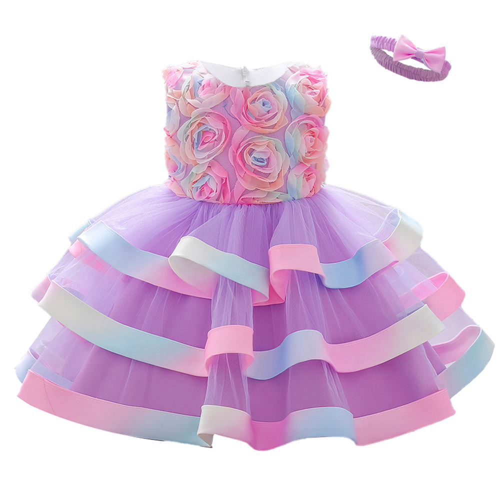 Vestido para niñas, vestido de bautizo para bebés de un año, vestido de princesa con flores tridimensionales de malla, vestido de cumpleaños con falda abullonada de colores.