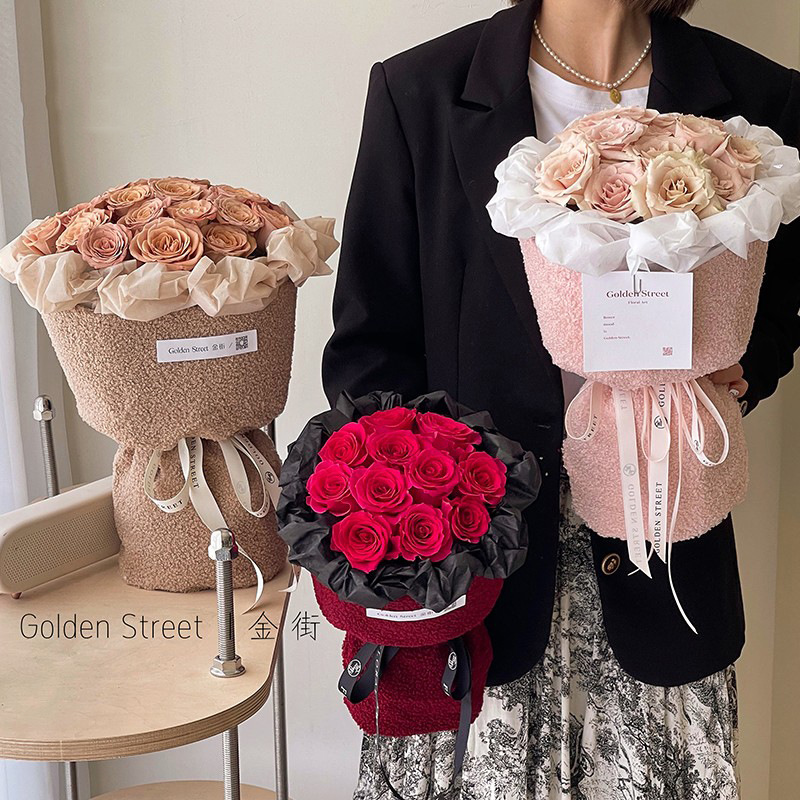 Chanel estilo Cordero tela de peluche ramo de tela redondo ramo material floral papel de regalo de flores papel de regalo