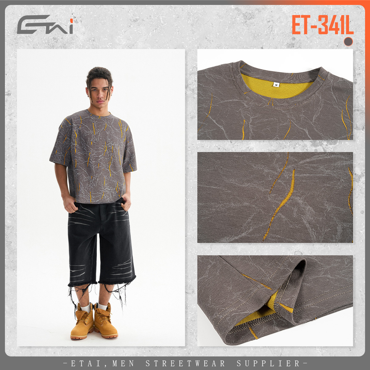 ETAI Hombre| Alta sensación de dos colores estampado relámpago corto ancho marca de alta calidad batítico camiseta de manga corta Boxy hombre