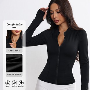 Amazon Yoga Wear Women's Stand Collar Zipper Cardigan Breathable Tight Long Sleeve Top Thumb Button Stretch Sports Jacket