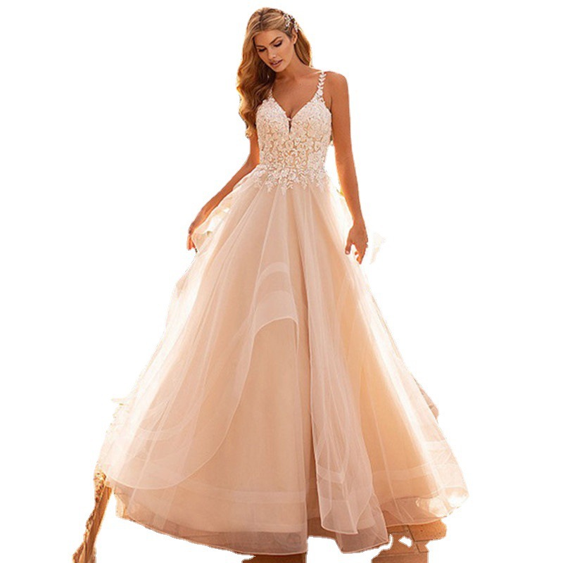 Vestido DE NOVIA DE DOBLE hombro fino 2024 nueva primavera nupcial profundo cuello en V encaje SLIM-Fit de lujo esponjoso vestido de novia