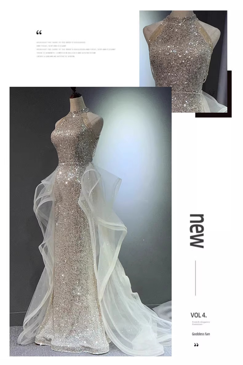 Silver White Sequined Mermaid Evening Gown For Women New Style Understated Luxury Perfect For Engagement Parties And Special Occasions_ecoleips.com