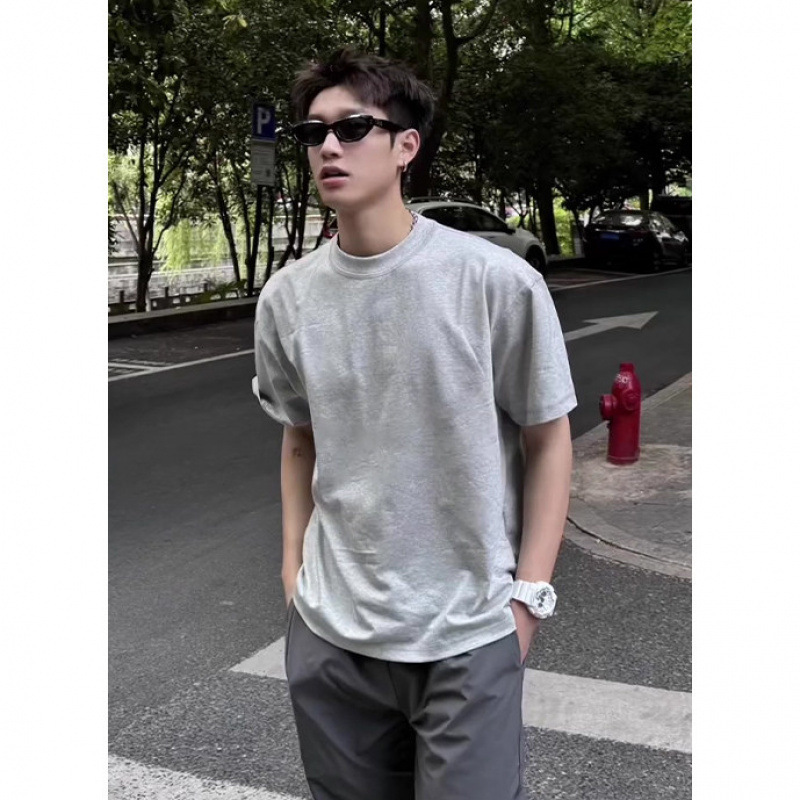 Floral Gray Small-Neckline Short-Sleeve Men's Summer Heavy Cotton American-Style Regular Shoulder T-Shirt That Showcases Muscle, Exudes a High-End Feel, and Is Stylish