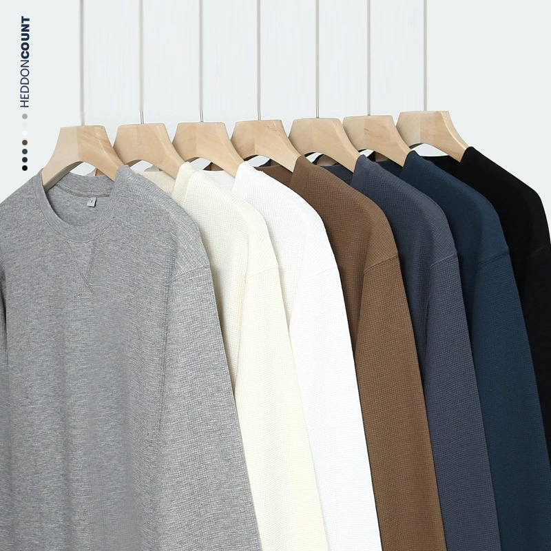 Мужская футболка Dengjue с длинным рукавом, 220 г, вафельная ткань, свободный крой, однотонная, повседневный стиль, тренд в японском стиле.