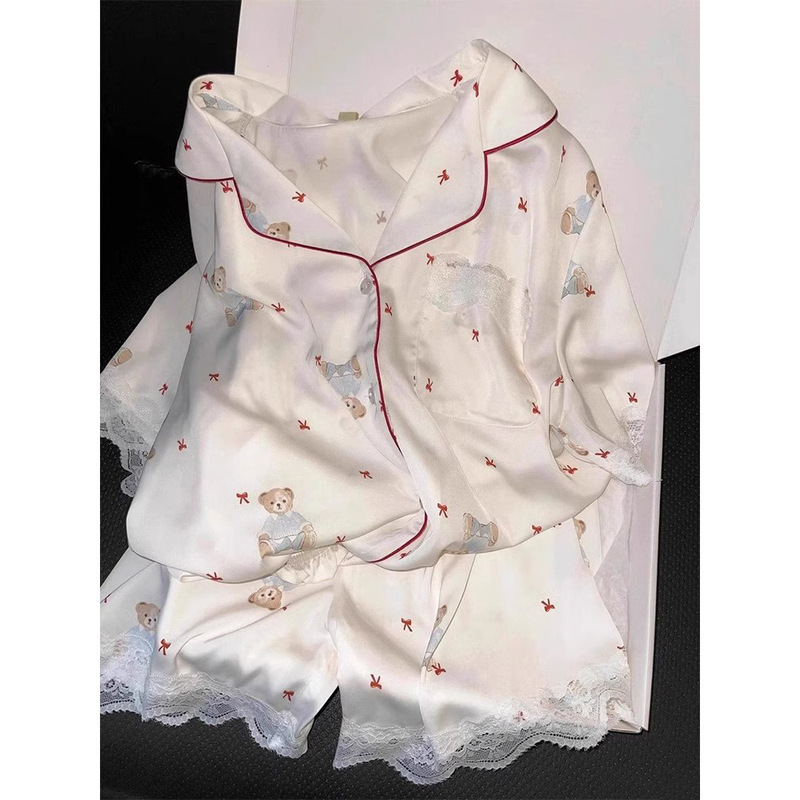 Ice Silk Pajamas Women's Summer Short-Sleeved Suit High-End Imitation Silk Home Clothes Cartoon Cute Outer Wear Cross-Border Wholesale