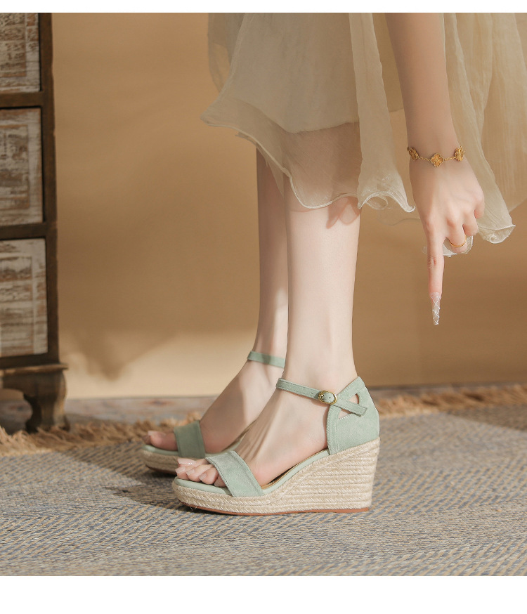 Sandal nữ gót xuồng cao đế dày hở mũi quai đan dây thừng — Xanh lá cây nhạtcolor chi tiết 13