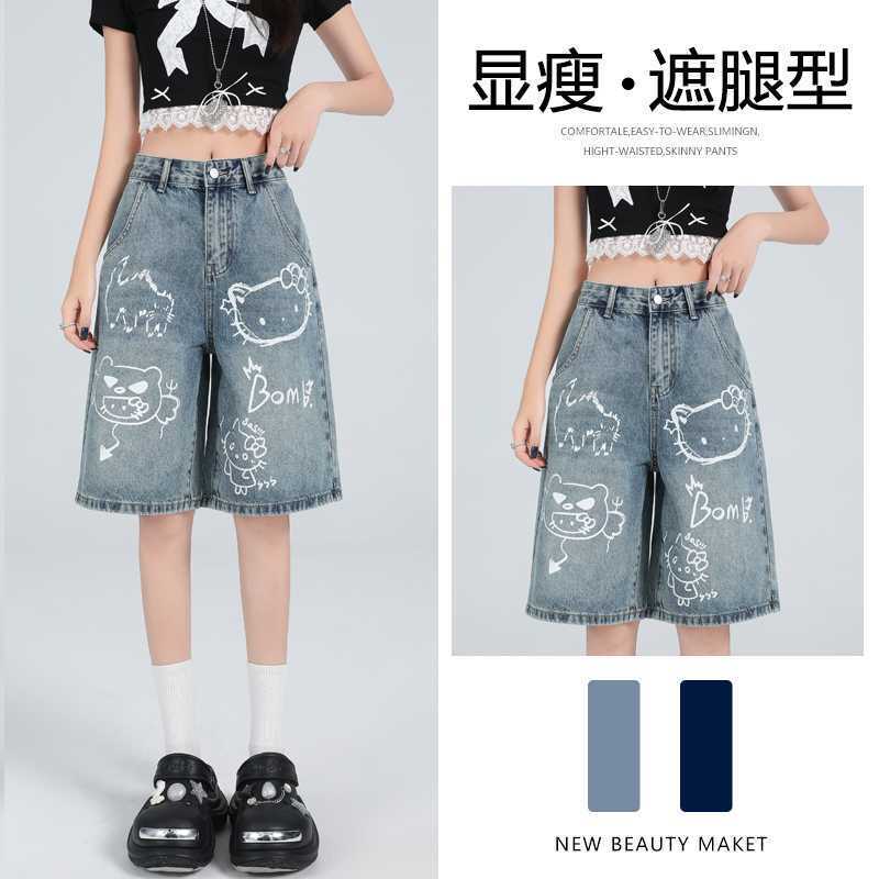 Wholesale American Retro Quirky Cute Graffiti High-Waisted Loose Jeans for Women Wide-Leg Straight Mid-Length Pants