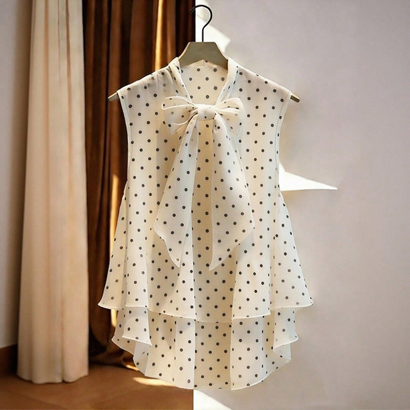 2026 Cross-Border European and American New Style Sleeveless Chiffon Polka Dot Shirt Women's Vest Stylish Tie Bow Shirt