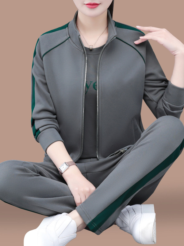 立领休闲运动套装女2025新款春秋中年妈妈宽松跑步卫衣外套三件套|undefined