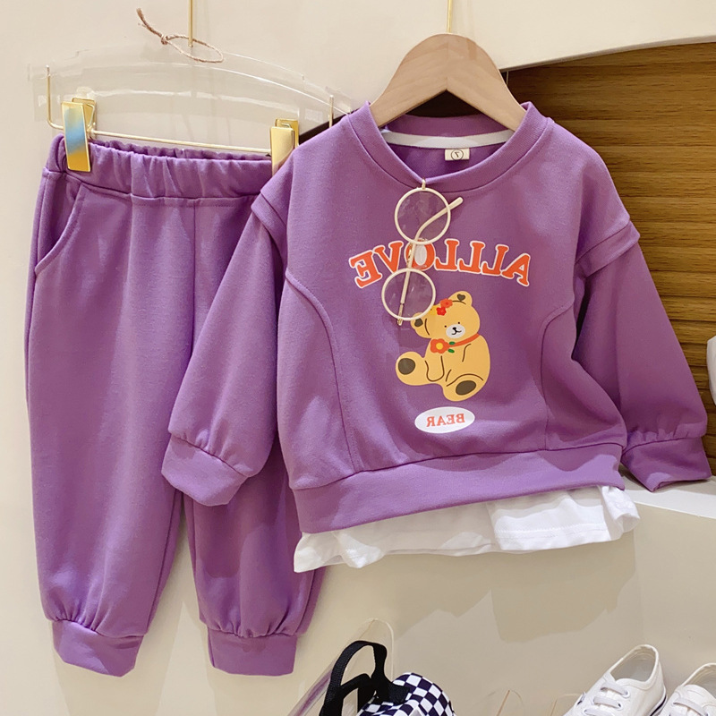 girl Cartoon Little Bear letter printing False two Sweater sweatpants  Two piece set 2023 Spring new pattern Korean Edition