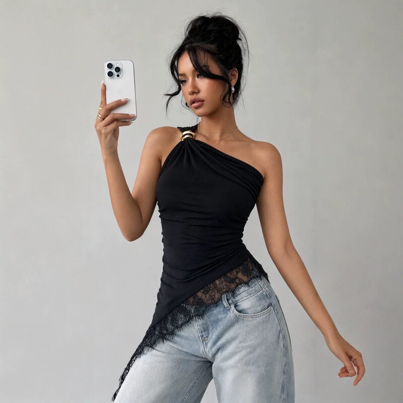 Hot Girl Style One-Shoulder American-Style Patchwork Metal Buckle Hem Sleeveless Vest for Women, Single-Shoulder Lace Irregular Style New Summer Model