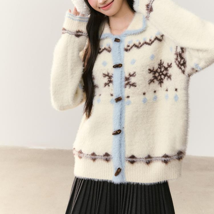 Casual, Lazy, Soft and Versatile, Contrasting Color Imitation Mink Fur Fair Isle Snowflake Pattern Cardigan Sweater for Women, High-End Knitted