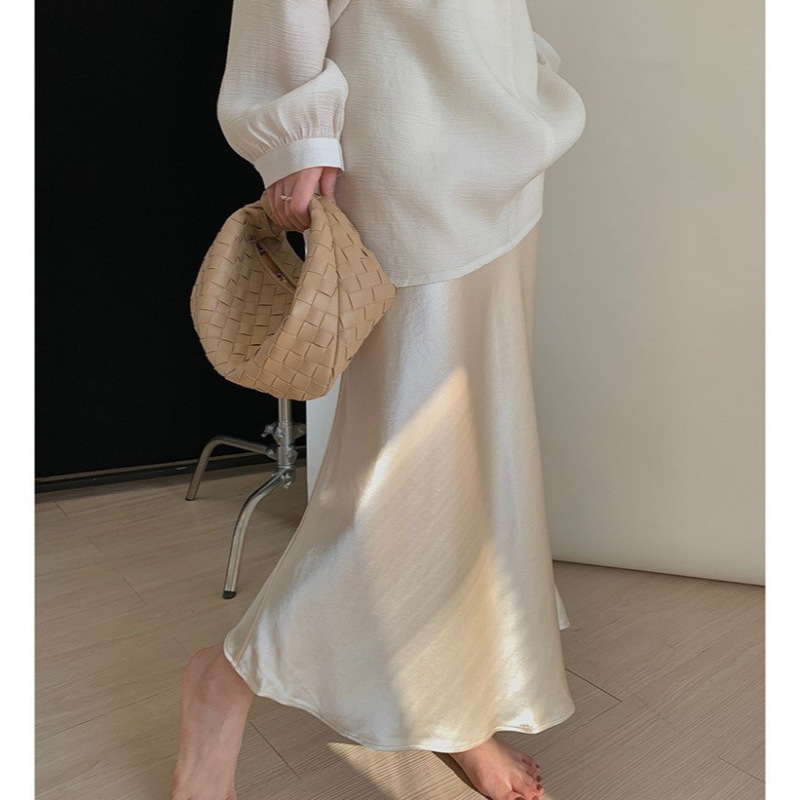 Acetate Satin High-End Skirt Women's Summer Elegant High-Waist Draped Slim Fishtail Skirt French Mid-Length Skirt Acetate Satin High-End Skirt Women's Summer Elegant High-Waist Draped Slim Fishtail Skirt French Mid-Length Skirt
