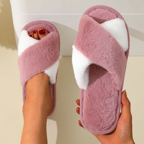 Cixi Younuo Shoes New Furry Cross Strip Contrast Color Floor Slippers Spring and Autumn Warm Fashion Simple Home Slippers