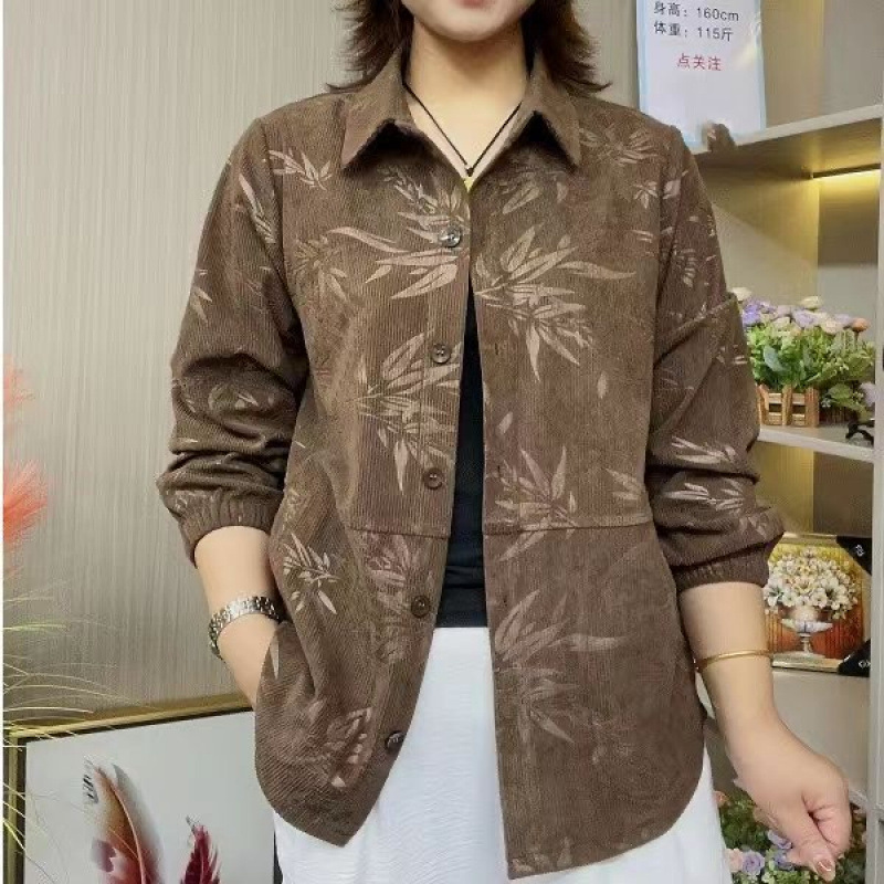 高档灯芯绒妈妈装春秋新款衬衫洋气中老年韩版宽松遮肉上衣女外套