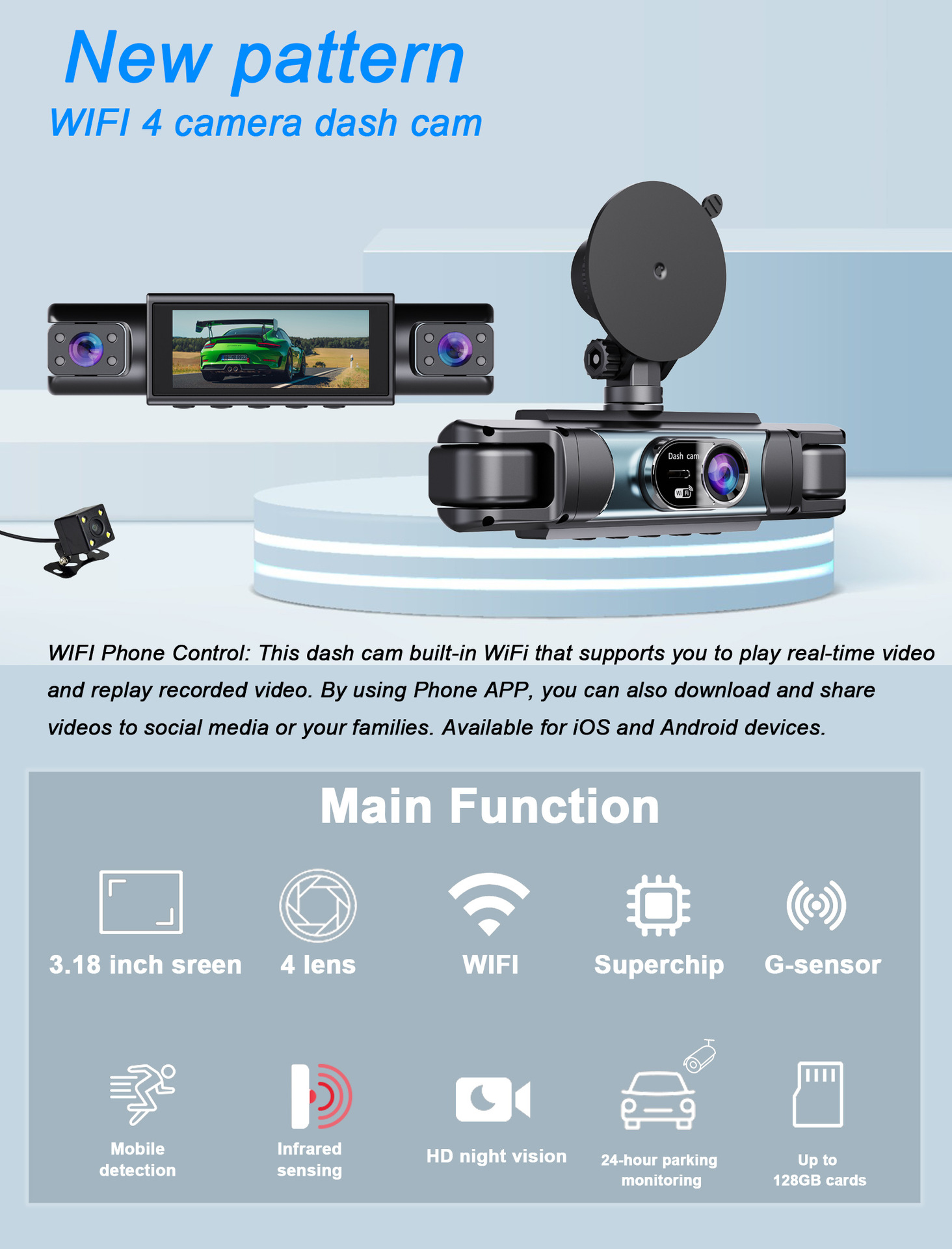 4-Channel Recorder with Wifi 1080P Dash Cam New Model Loop Recording High-Definition Recorder Dashcam
