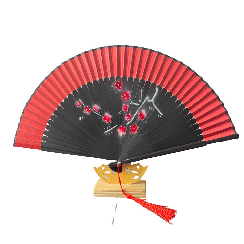 En stock 21cm ventilador de inyección de tinta estilo nacional ventilador plegable de las mujeres borla pintura borde retro chino Plum Blossom fácil apertura fila ventilador