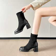 2024秋季网红新款时尚真皮短靴女高跟英伦风马丁靴瘦瘦靴裸靴欧货