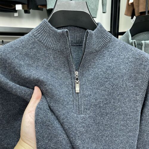 High-end wool sweater for men, half-high collar, zipper, men's thick warm winter solid color top knit sweater, base layer shirt