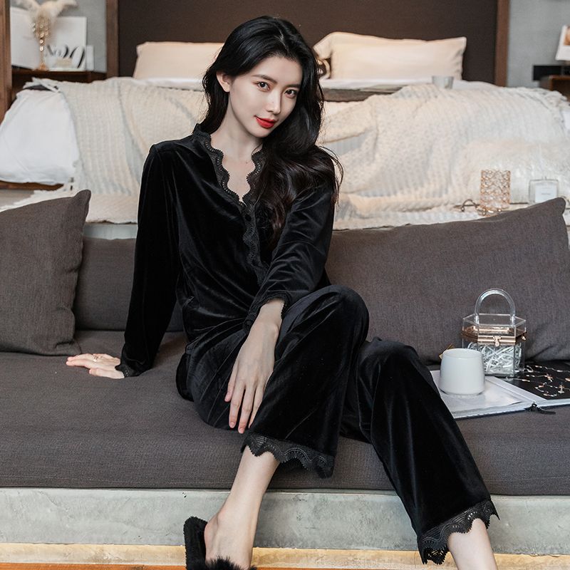 Pajamas for Women Autumn and Winter 2022 New Long-Sleeved Cardigan Suit Spring Gold Velvet Lace Home Clothes for Home Comfort