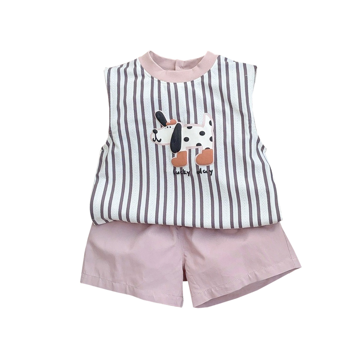 2025 verano nuevo estilo infantil de 1-3 años estilo occidental pequeño traje chaleco a rayas top pantalones cortos de color sólido traje de dos piezas