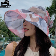 夏季大沿防晒空顶帽女新款彩色喷墨花布防紫外线遮阳帽时尚太阳帽