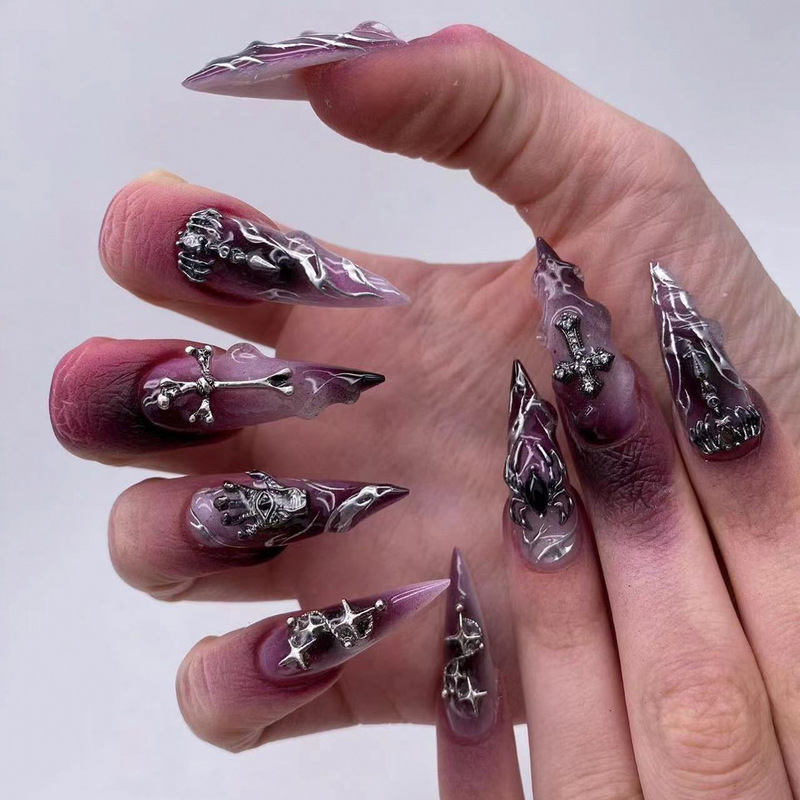 Halloween Wear Armor French Cool Flame Cross Nail Art Purple Spotted Spider Super Long Pointed Nail Pieces Wholesale Halloween Wear Armor French Cool Flame Cross Nail Art Purple Spotted Spider Super Long Pointed Nail Pieces Wholesale