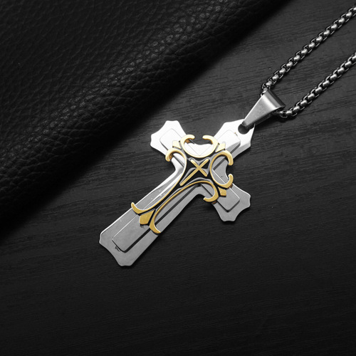 Cross-border personality domineering three-layer cross pendant punk hip-hop European and American long trendy men's titanium steel necklace