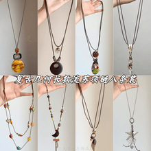 复古几何仿琥珀石吊坠项链轻奢高级感重工民族风气质长款毛衣链女