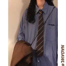 春秋美式复古学院风百搭条纹高级感长袖衬衫宽松休闲男女衬衣外套