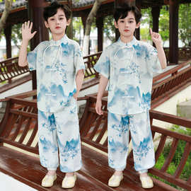 男童唐装短袖中国风演出服小学生新中式班服国学服装两件套薄款潮