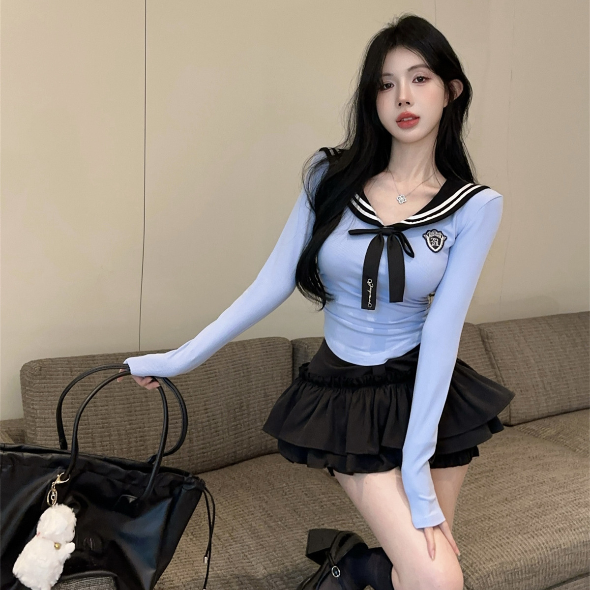 대학 스타일 JK 긴팔 최고 여성 가을 순수 달콤한 스파이스 소녀 짧은 최고급 세련된 아름다운 투피스 세트