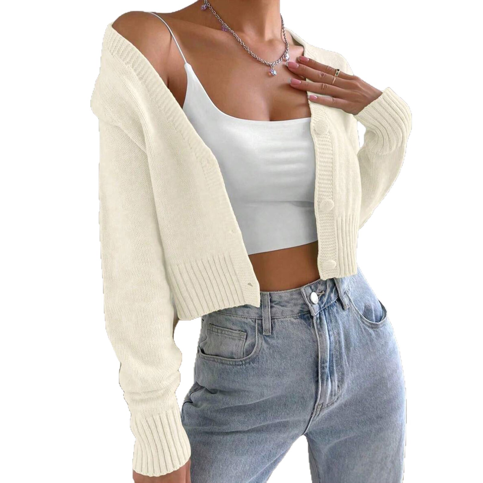 Amazon Fashion Knitted Cardigan Women's Spring and Autumn New Round Neck Slim Short Solid Color Sweater Jacket