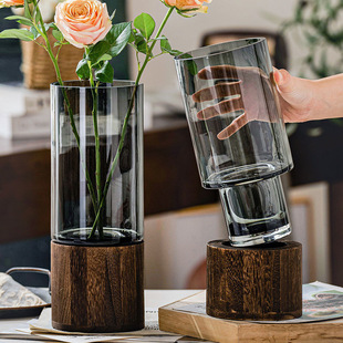 Light Luxury and High-End Wooden Glass Vase Ornaments Ins Living Room Decoration Rich Bamboo Flowers Hydroponic Vase Ornaments