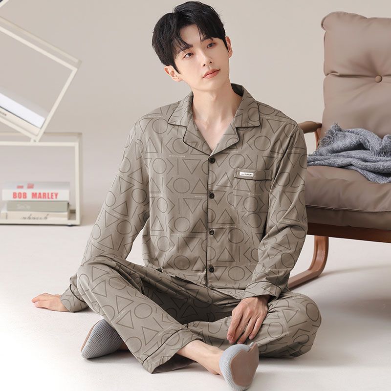 2024 New Men's Pure Cotton Pajamas Spring & Fall Long-Sleeved Autumn and Winter Boys' Home Clothes Flap Pocket Pantss