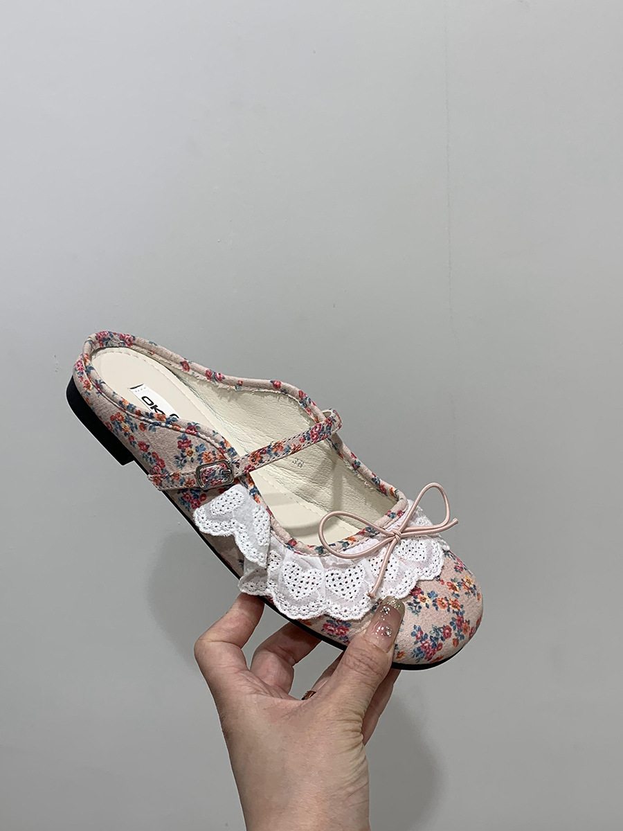 Retro pequeño ballet rojo encaje Baotou medias pantuflas zapatos de mujer ropa exterior 2025 primavera y verano zapatos Mary Jane