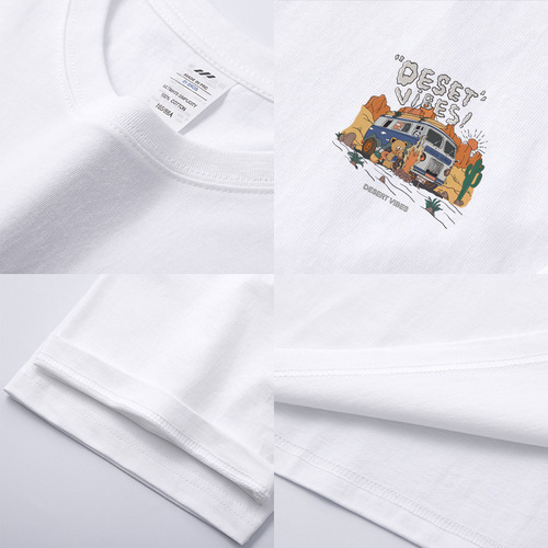 Trendy brand T-shirt men  new pure cotton white cartoon printed short-sleeved heavy combed cotton loose T-shirt for women summer