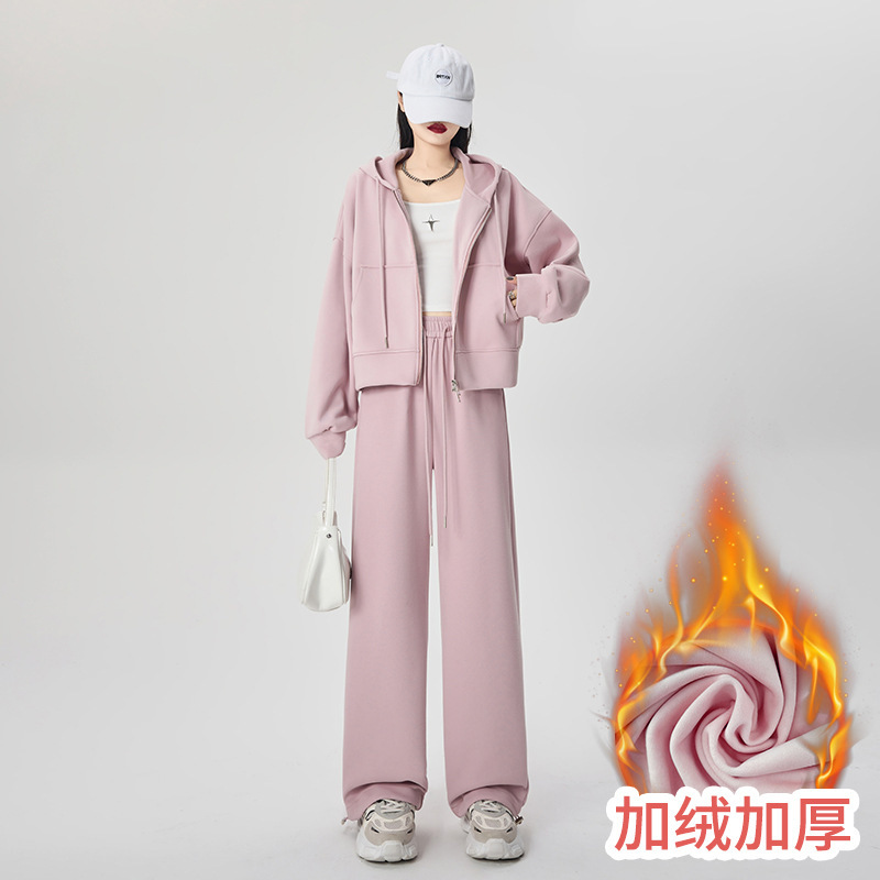 High-End Casual Sports Suit for Women 2025 Autumn and Winter New Style Hooded Sweatshirt Straight Wide-Leg Pants Fleece-Lined Two-Piece Set